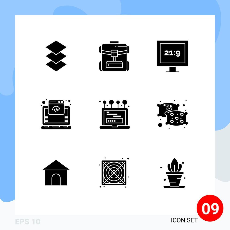 Set of 9 Vector Solid Glyphs on Grid for computer laptop hd install internet Editable Vector Design Elements