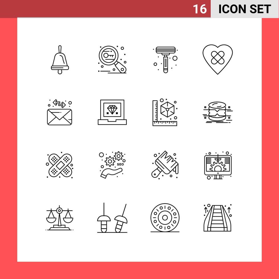 16 Universal Outlines Set for Web and Mobile Applications coding mail razor envelope heart Editable Vector Design Elements