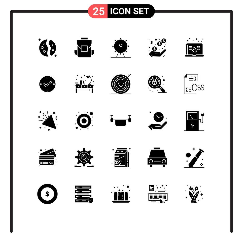 25 Universal Solid Glyphs Set for Web and Mobile Applications laptop revenue back bag profit sign Editable Vector Design Elements