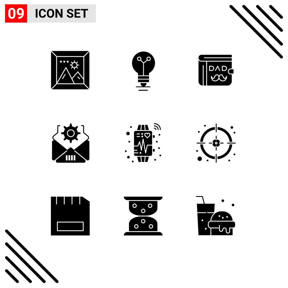 9 Universal Solid Glyphs Set for Web and Mobile Applications watch device wallet gear mail Editable Vector Design Elements