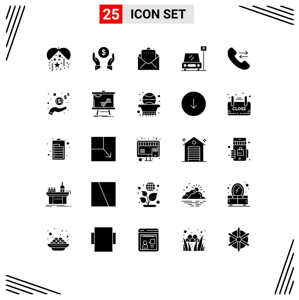 25 Universal Solid Glyph Signs Symbols of income contact us mail call area Editable Vector Design Elements
