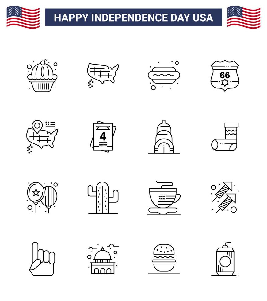 16 Line Signs for USA Independence Day map security hot dog usa american Editable USA Day Vector Design Elements