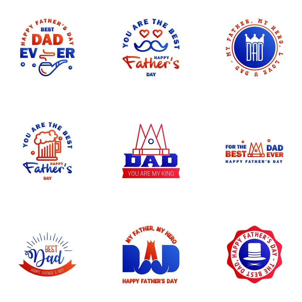 9 Blue and red Set of Vector Happy fathers day Typography Vintage Icons Lettering for greeting cards banners tshirt design Fathers Day Editable Vector Design Elements