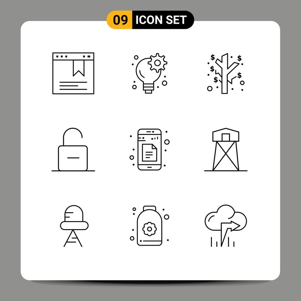 Pack of 9 Modern Outlines Signs and Symbols for Web Print Media such as sheets data investment unlock safety Editable Vector Design Elements