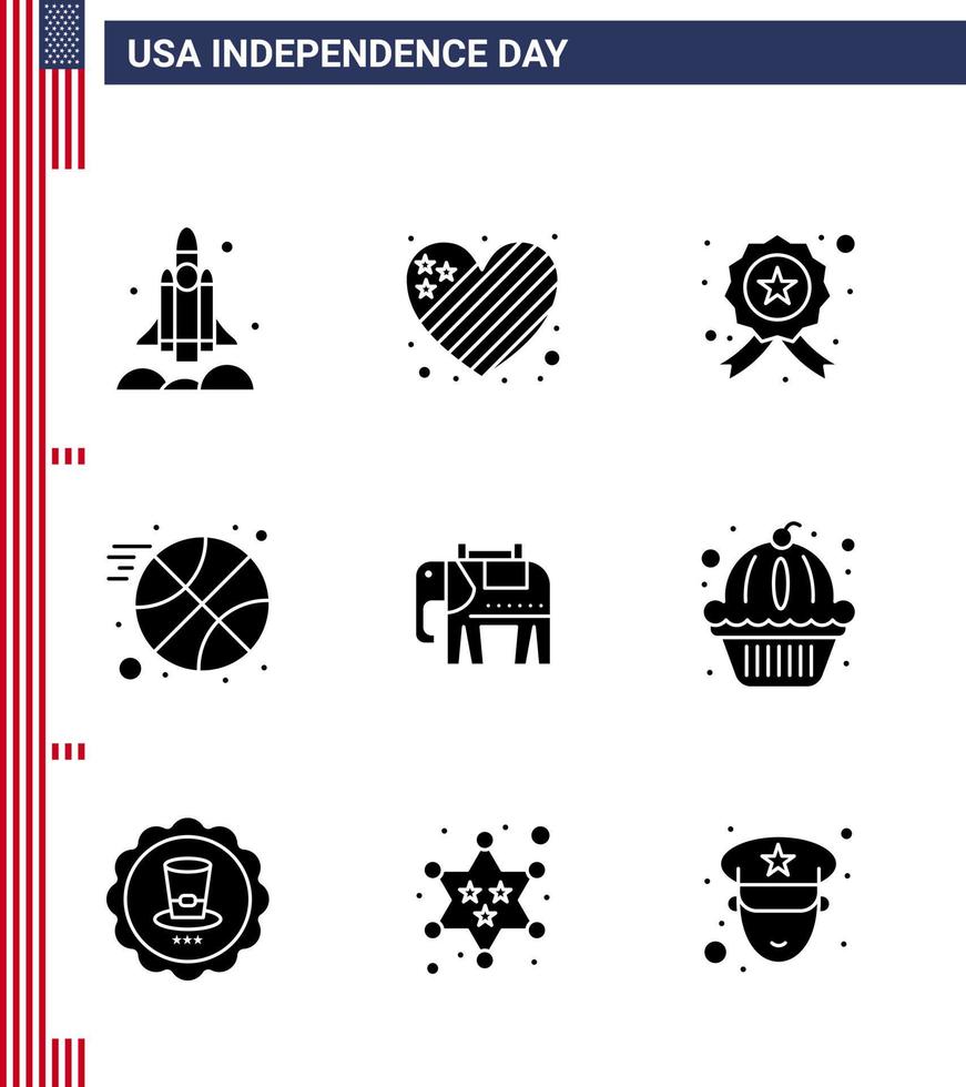 Editable Vector Line Pack of USA Day 9 Simple Solid Glyphs of american sports love ball police Editable USA Day Vector Design Elements