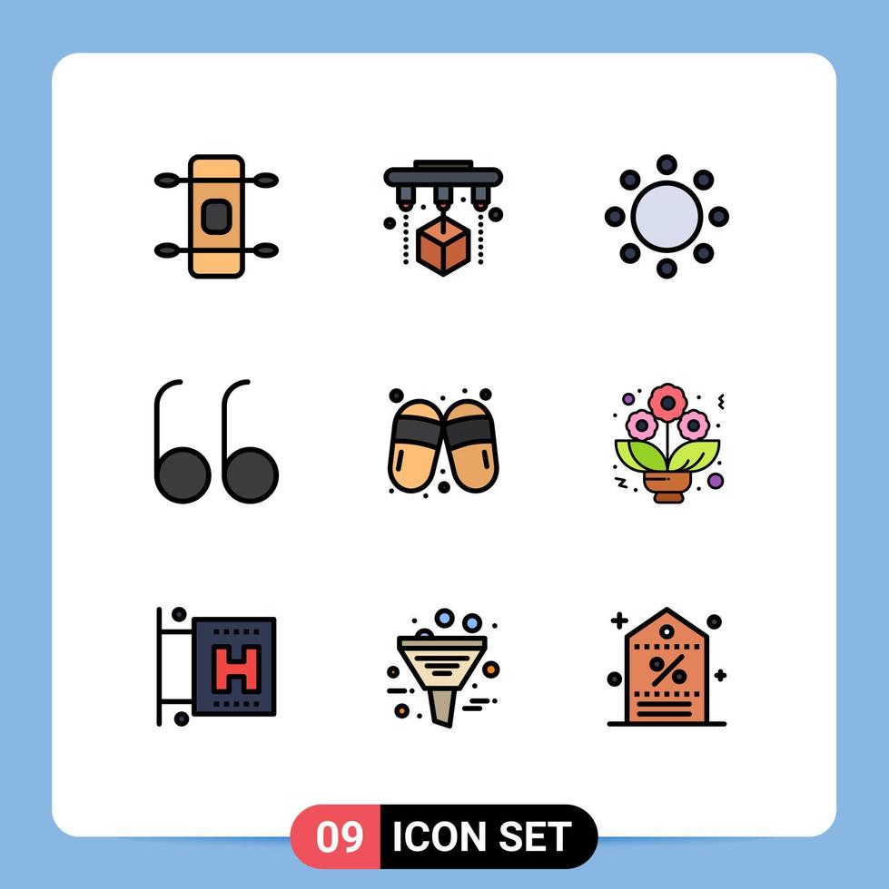 Pack of 9 creative Filledline Flat Colors of flower slippers symbolism sauna sandal Editable Vector Design Elements