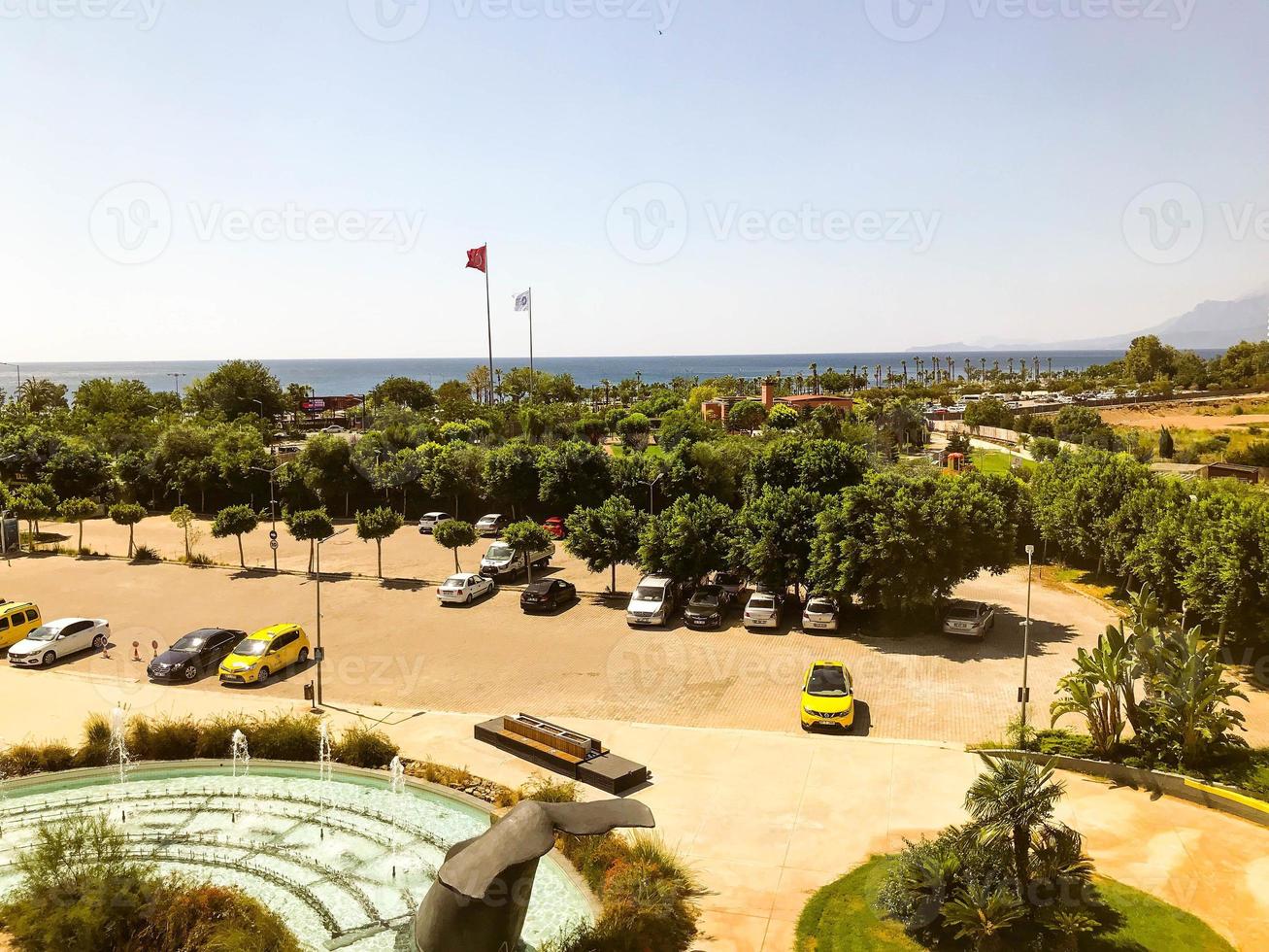 view of the green city from above. park, trees and shrubs at the seaside resort. cars, barriers of the country are visible at a height photo