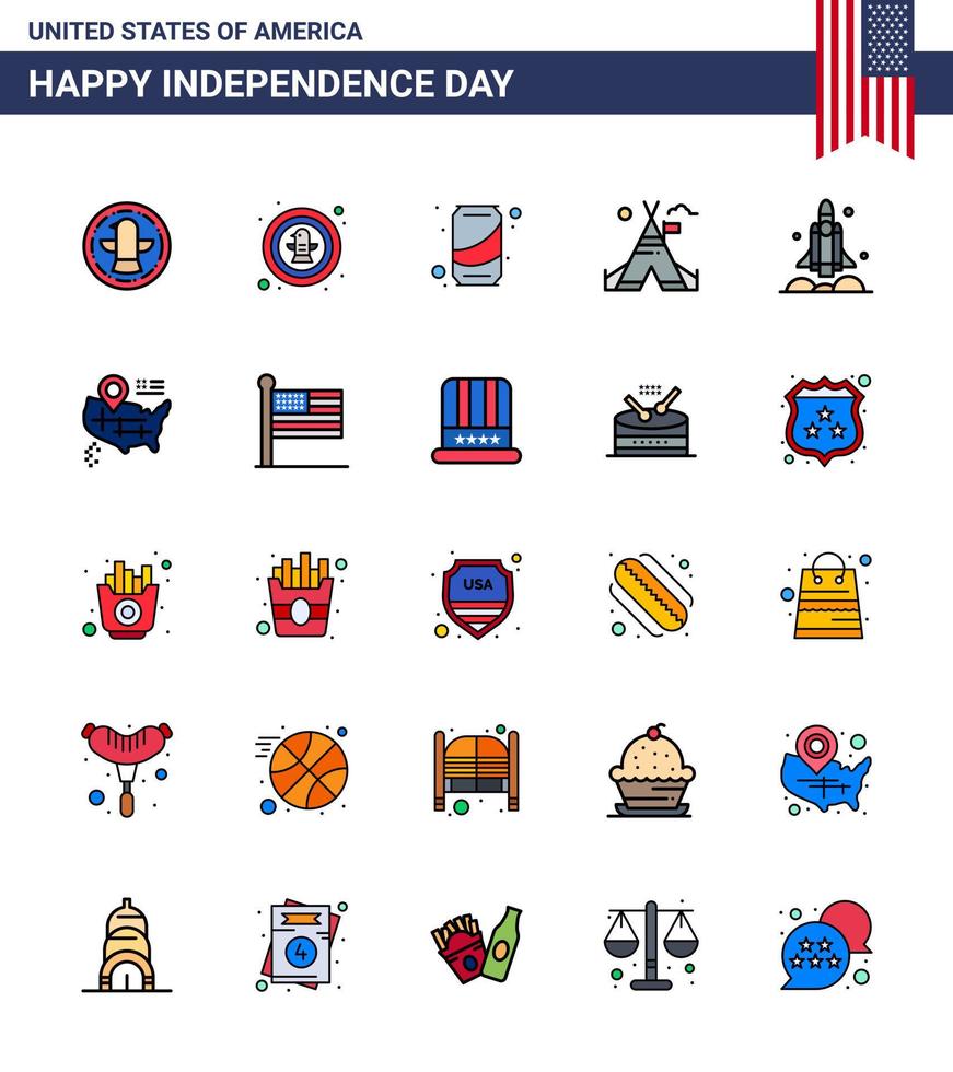 Happy Independence Day Pack of 25 Flat Filled Lines Signs and Symbols for launcher camp badge tent cola Editable USA Day Vector Design Elements