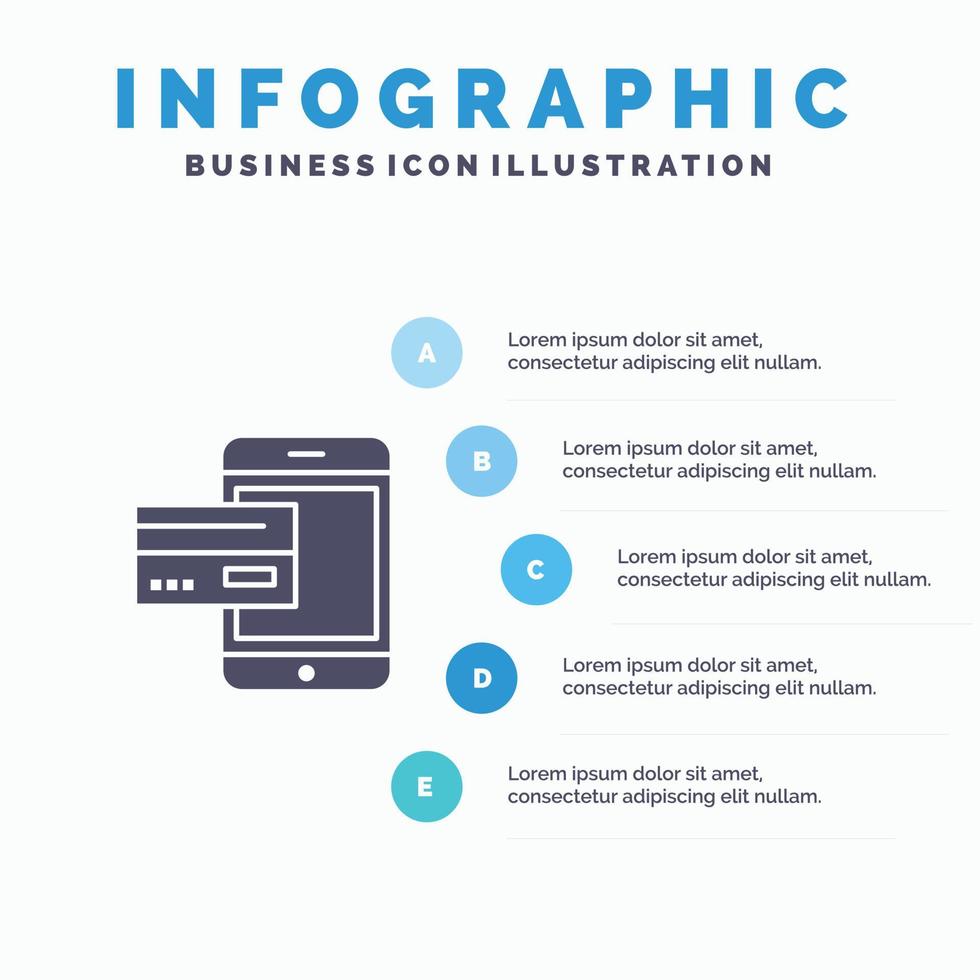 pago banco banca tarjeta credito movil dinero smartphone solido icono infografia 5 pasos presentacion antecedentes vector