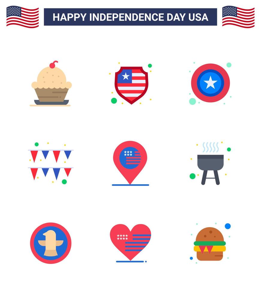 Pack of 9 creative USA Independence Day related Flats of map american men paper festival Editable USA Day Vector Design Elements