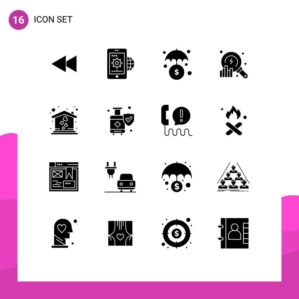 Set of 16 Vector Solid Glyphs on Grid for love search setting data analysis Editable Vector Design Elements