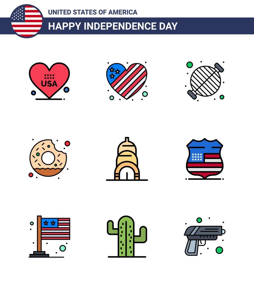 Set of 9 Modern Flat Filled Lines pack on USA Independence Day chrysler yummy food round party Editable USA Day Vector Design Elements