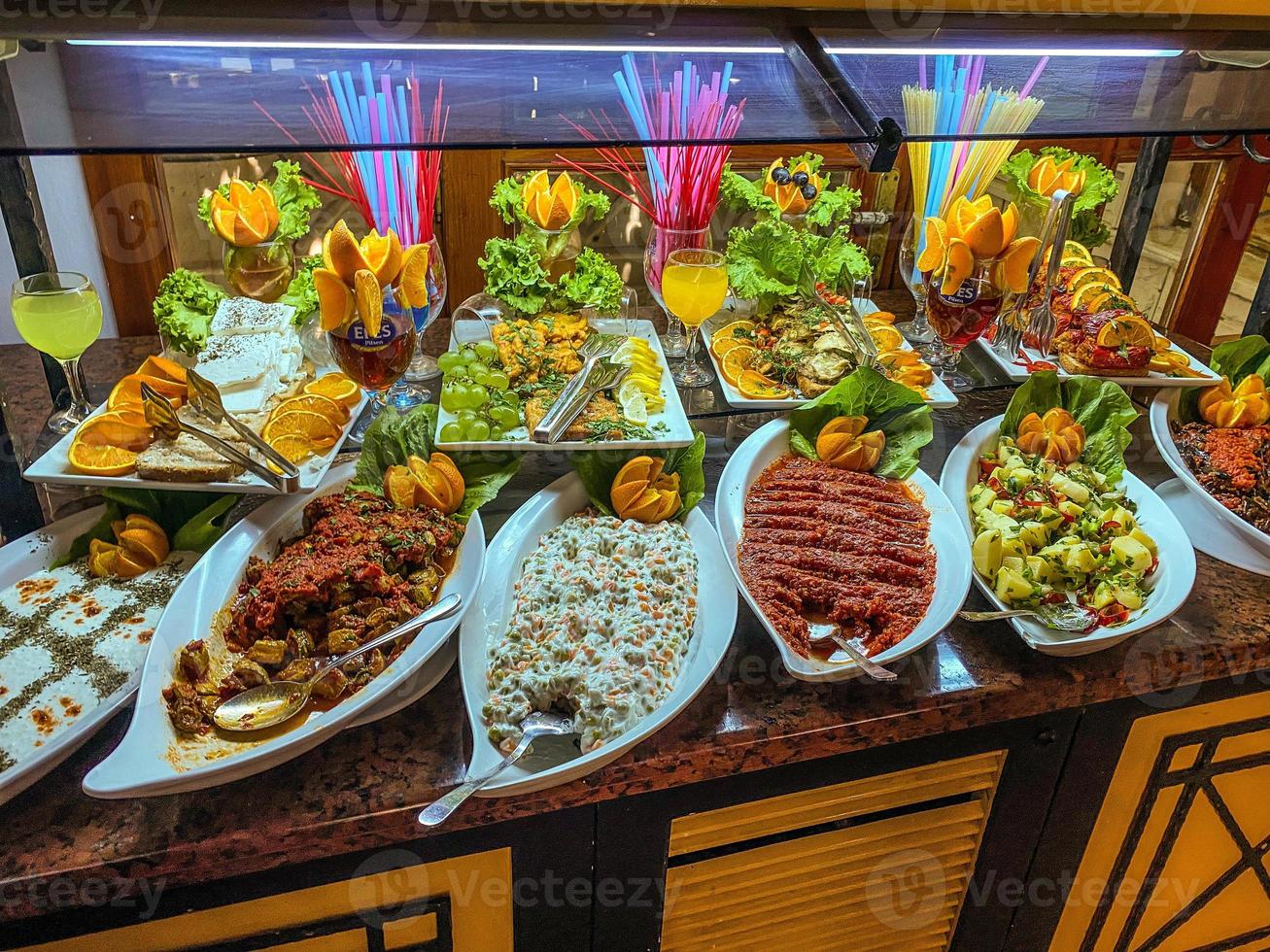 Breakfast At The Hotel . Breakfast Buffet. Buffet Catering Food Arrangement on Table. photo