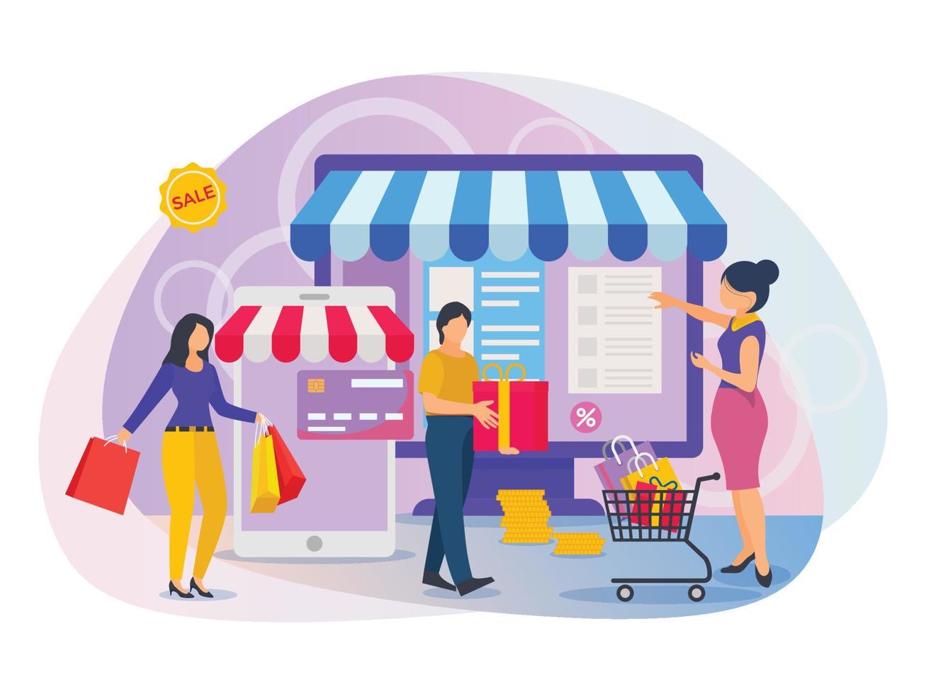 Peoples selecting items and making payment on online shopping website illustration. vector