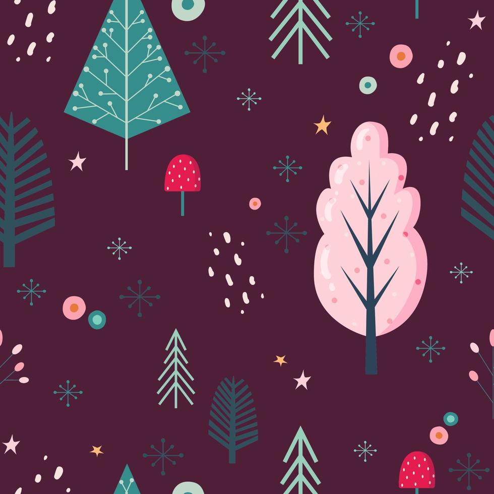 colorido patrón navideño con árboles y cosas de invierno para papel de regalo vector