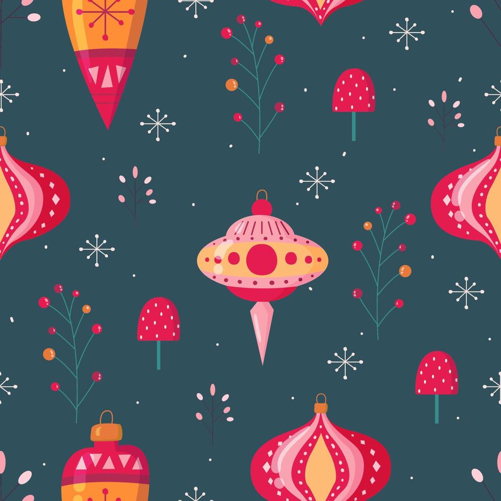 Colorful christmas pattern with retro christmas tree decorations, mushrooms, snowflakes, winter berries vector