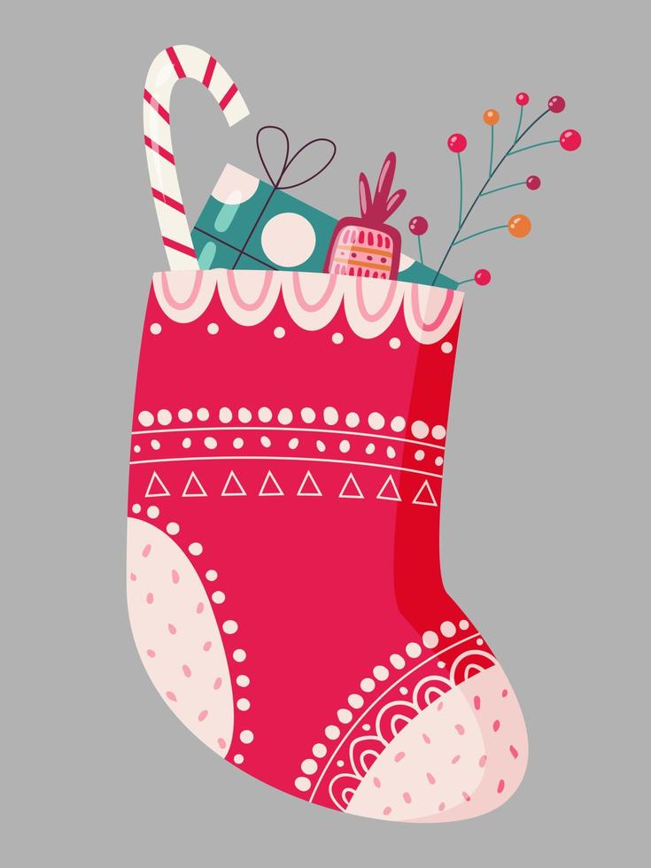 Christmas sock with gifts and cute winter stuff vector