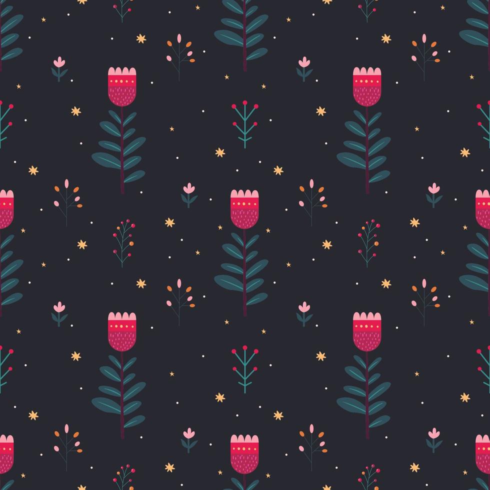Colorful Winter flower pattern for wrapping papper on dark background with cute little stars vector