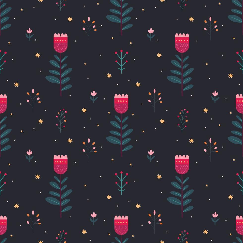 patrón de flores de invierno colorido para envolver papel sobre fondo oscuro con lindas estrellitas vector