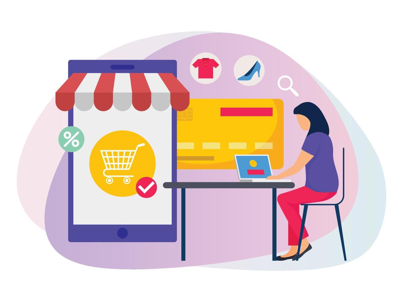 Woman sitting on chair adding items in cart and doing payment for online shopping illustration. vector