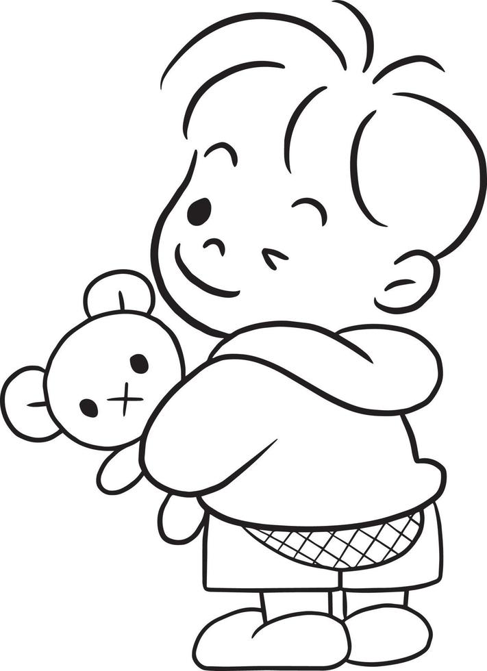 niño sosteniendo una muñeca dibujos animados garabato kawaii anime página para colorear linda ilustración dibujo clipart personaje chibi manga historietas vector