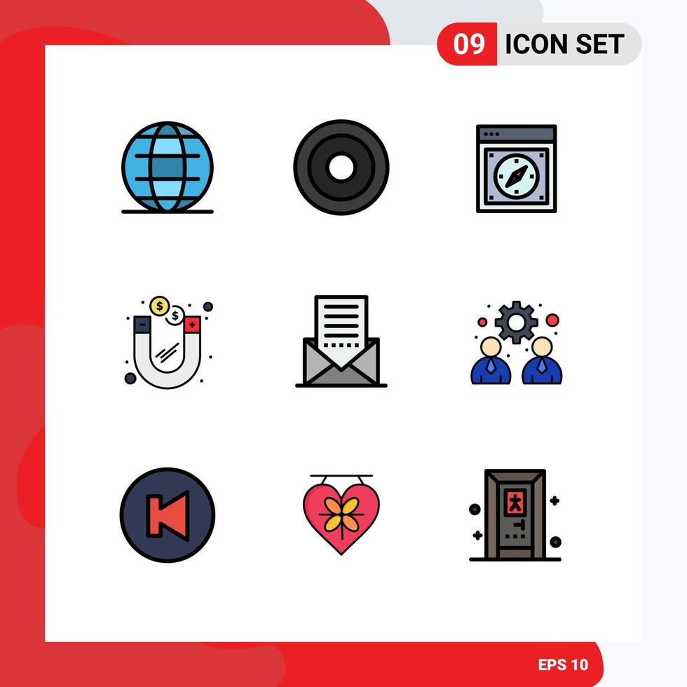 Pack of 9 Modern Filledline Flat Colors Signs and Symbols for Web Print Media such as communication money browser investment web Editable Vector Design Elements