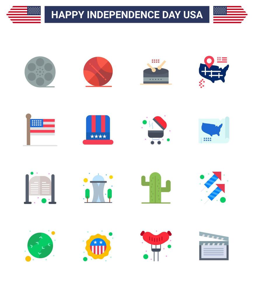 Paquete plano de 16 estados unidos de signos y símbolos del día de la independencia del tambor de la bandera unida ubicación estadounidense elementos de diseño vectorial del día de estados unidos editables vector