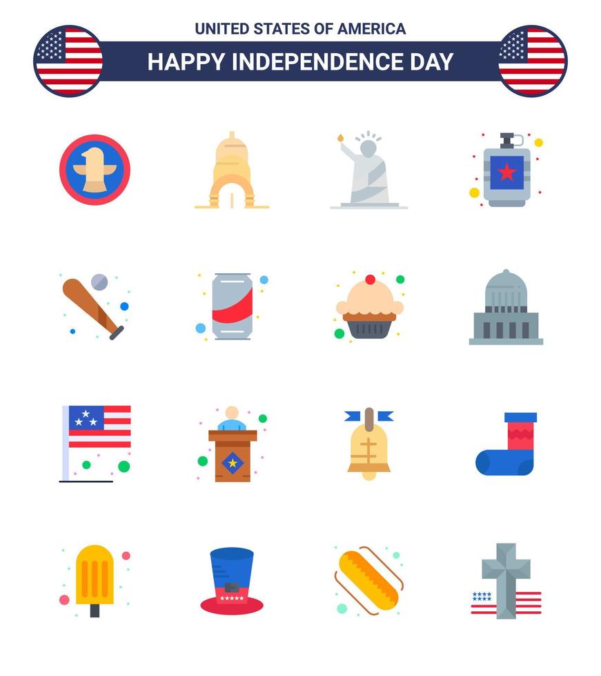 Group of 16 Flats Set for Independence day of United States of America such as ball hip liberty flask alcoholic Editable USA Day Vector Design Elements