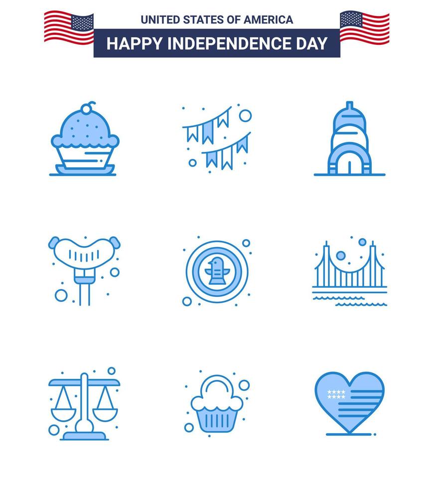 Happy Independence Day 4th July Set of 9 Blues American Pictograph of bird sausage party frankfurter usa Editable USA Day Vector Design Elements