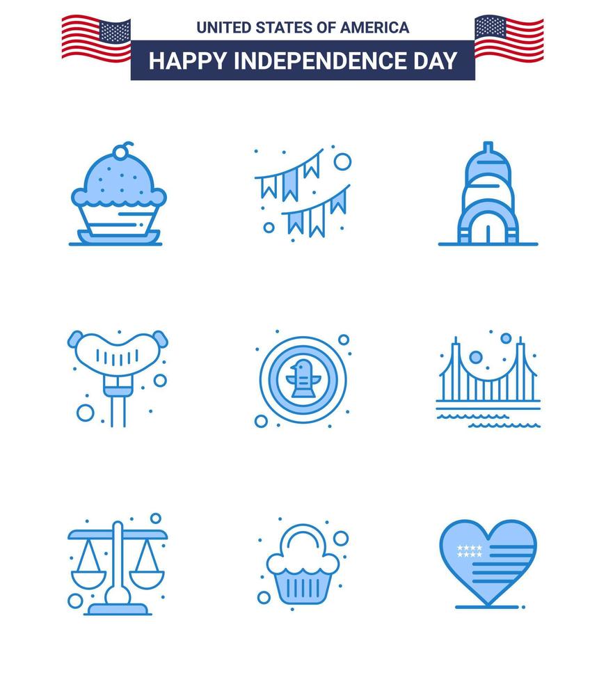 feliz día de la independencia 4 de julio conjunto de 9 blues americano pictografía de pájaro salchicha fiesta frankfurter estados unidos editable día de estados unidos elementos de diseño vectorial vector