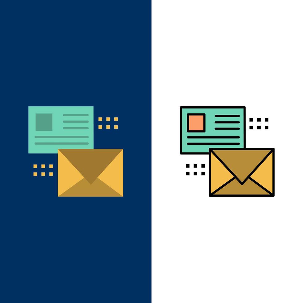 lista de correos electrónicos de conversación de correo iconos de correo plano y lleno de línea conjunto de iconos vector fondo azul