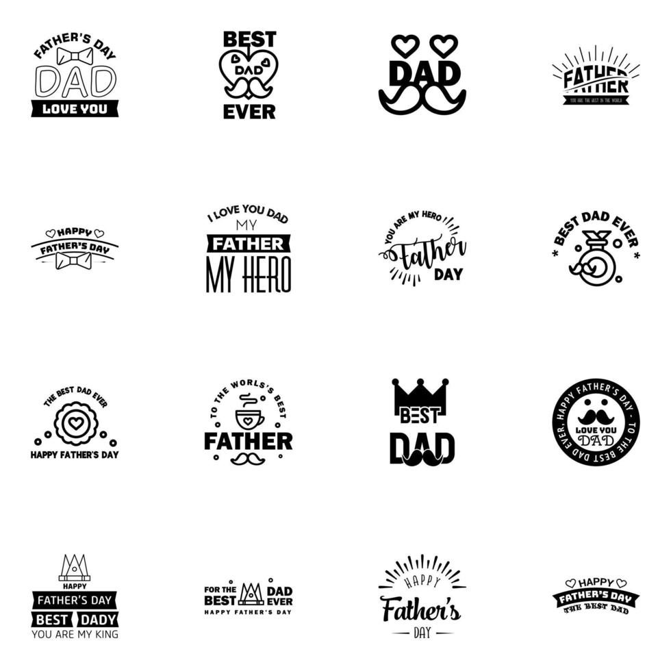 16 Black Set of Vector Happy fathers day Typography Vintage Icons Lettering for greeting cards banners tshirt design Fathers Day Editable Vector Design Elements