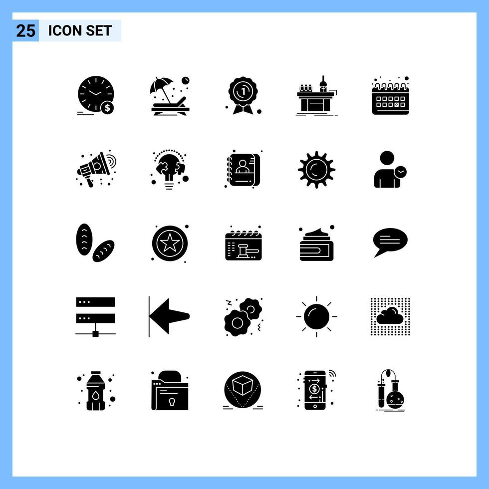 25 Universal Solid Glyph Signs Symbols of laboratory chemistry sun biology badge Editable Vector Design Elements