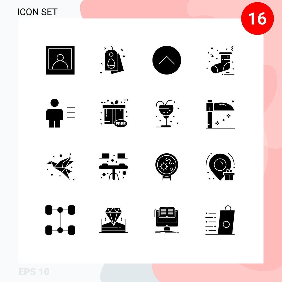 Pack of 16 Modern Solid Glyphs Signs and Symbols for Web Print Media such as human body media player avatar socks Editable Vector Design Elements