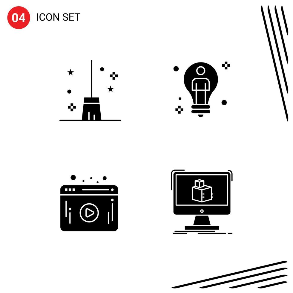 Universal Icon Symbols Group of 4 Modern Solid Glyphs of broom video witch broom solution player Editable Vector Design Elements