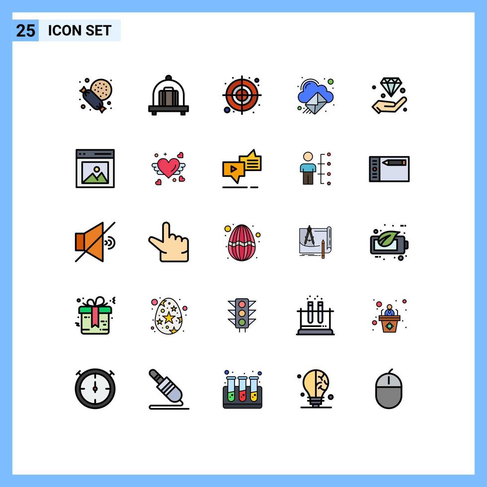 paquete de 25 modernos signos y símbolos de colores planos de línea rellena para medios de impresión web, como invertir mantener elementos de diseño de vectores editables de correo electrónico de mano de destino
