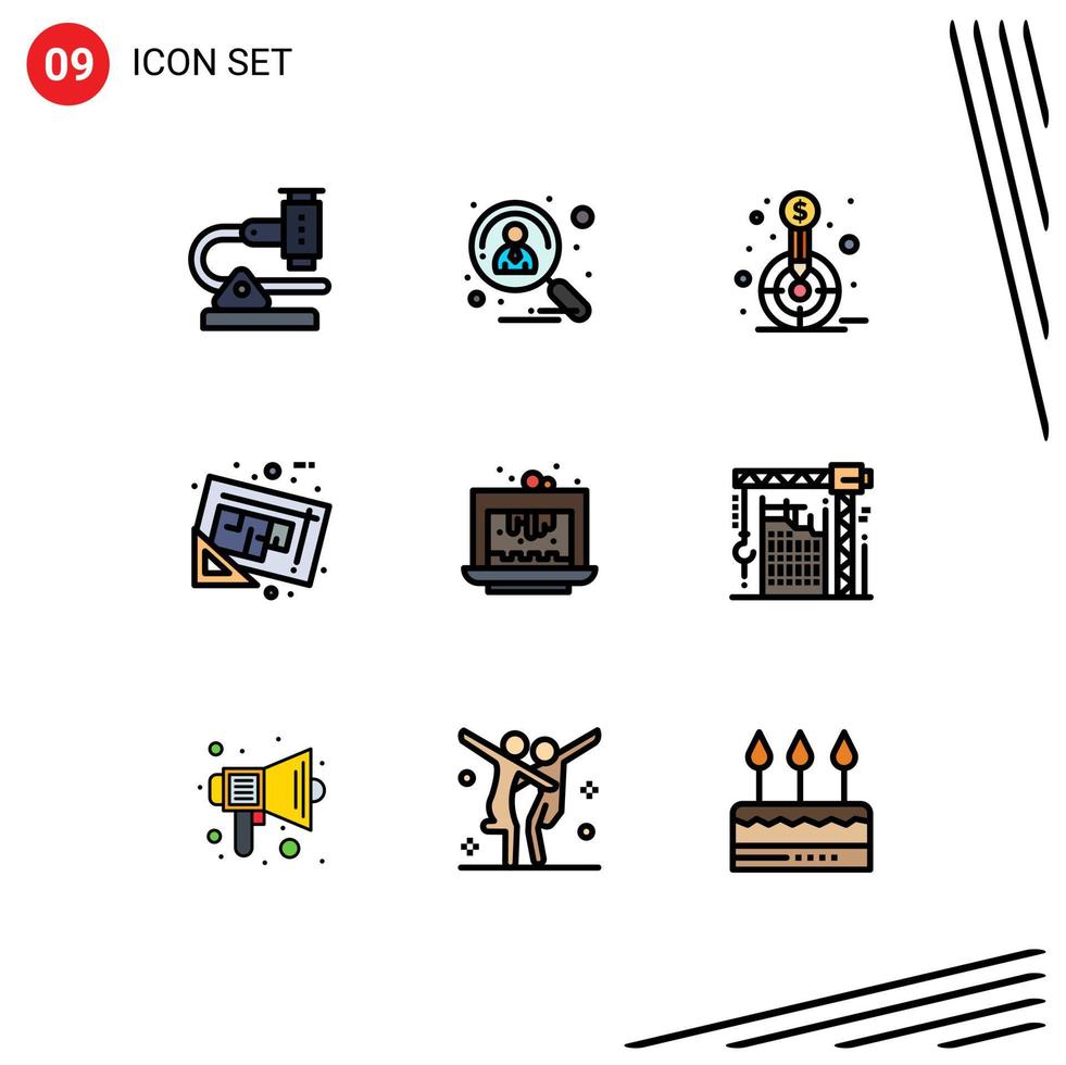 Modern Set of 9 Filledline Flat Colors Pictograph of map blueprint recruitment target fund Editable Vector Design Elements