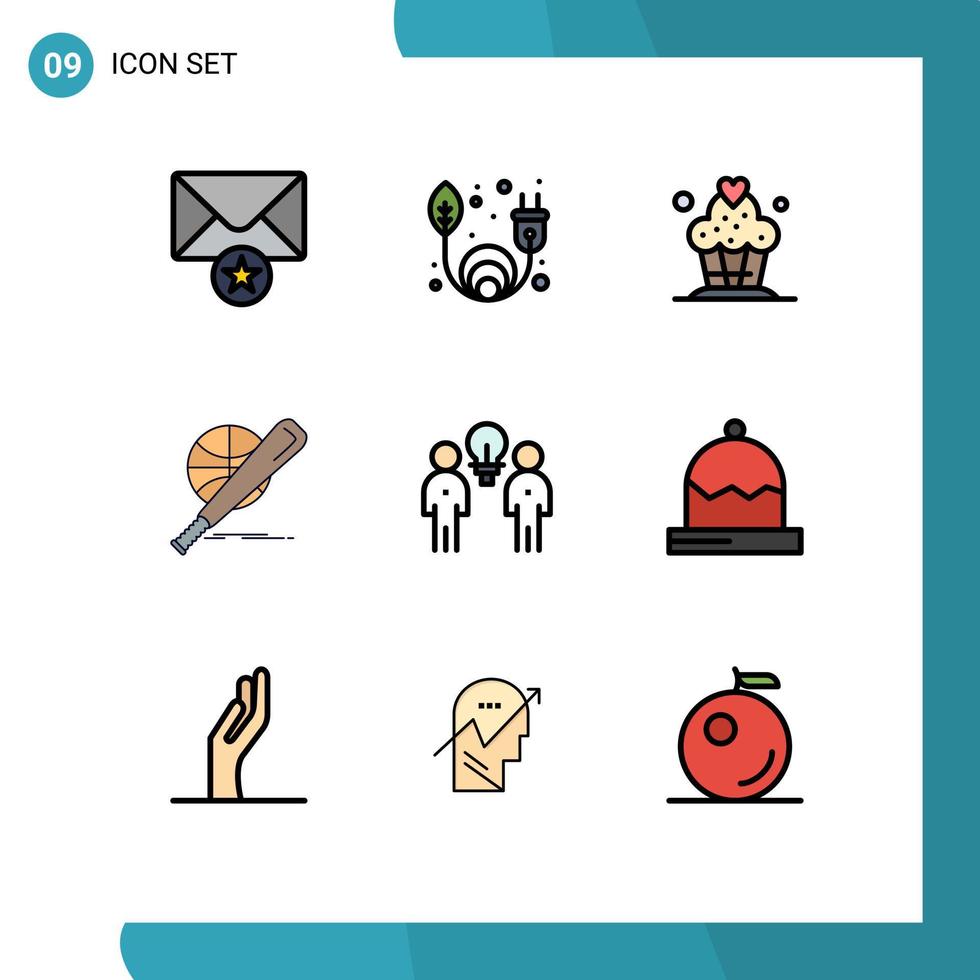 paquete de 9 signos y símbolos modernos de colores planos de línea rellena para medios de impresión web, como elementos de diseño de vectores editables del juego de lluvia de ideas del desierto de la idea del equipo