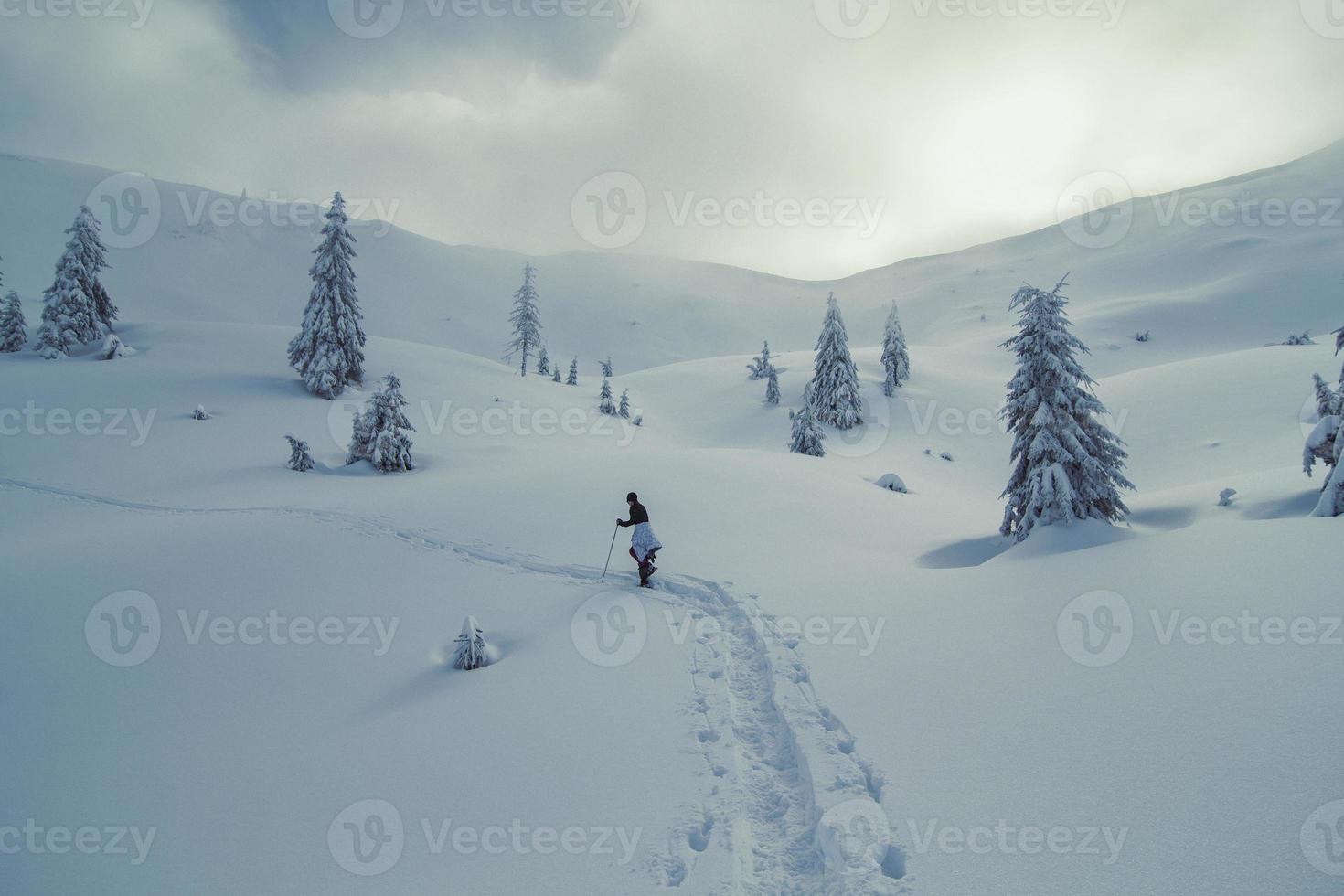 Lonely traveler moving through snow landscape photo