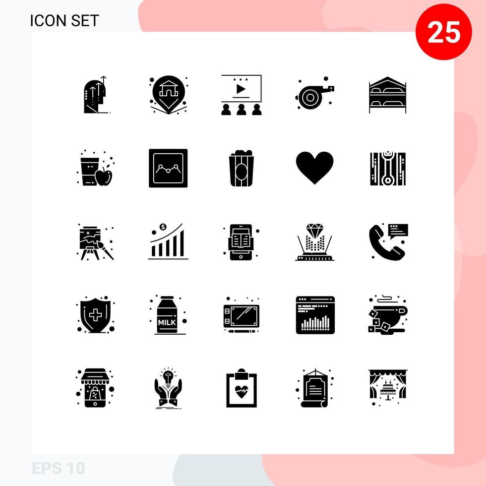Set of 25 Commercial Solid Glyphs pack for bedroom whistle home sport video tutorials Editable Vector Design Elements