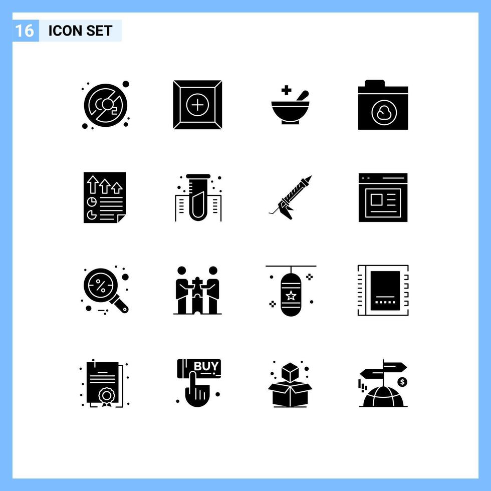 16 Universal Solid Glyphs Set for Web and Mobile Applications report document patient data network Editable Vector Design Elements