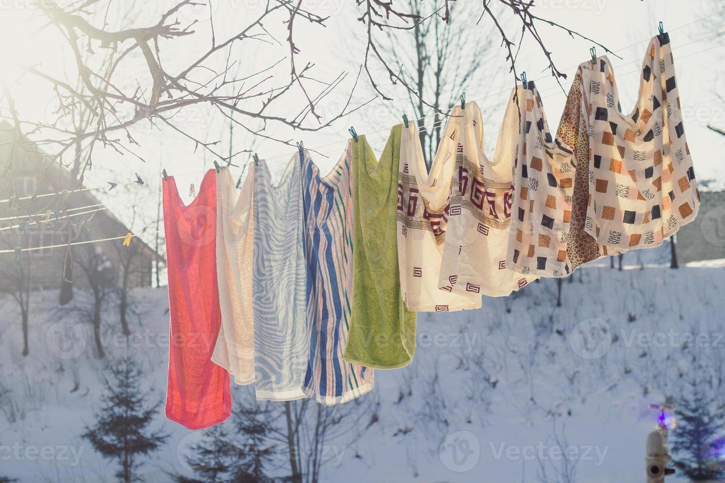 Close up drying clothes in cold weather concept photo