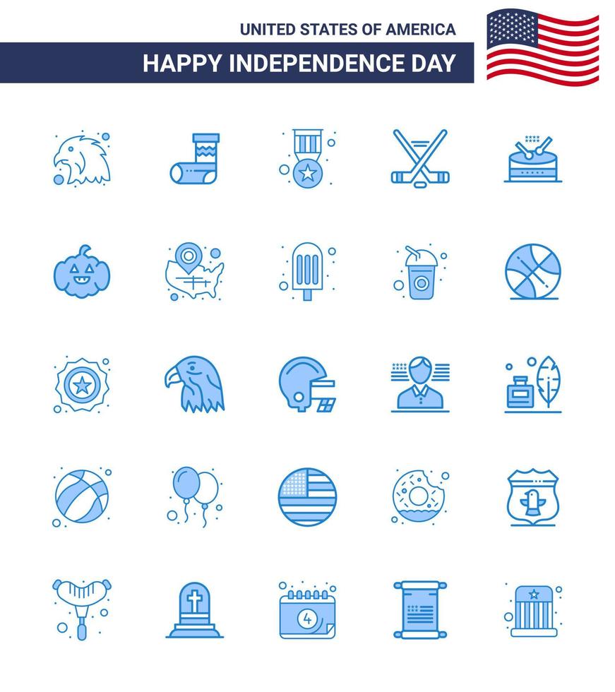 Set of 25 Modern Blues pack on USA Independence Day music drum badge american ice sport Editable USA Day Vector Design Elements
