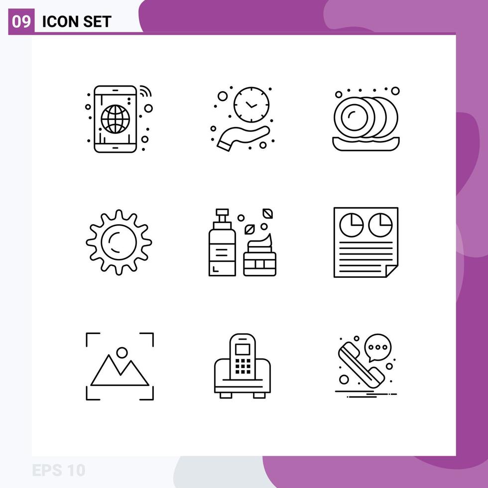 9 User Interface Outline Pack of modern Signs and Symbols of lotion cosmetics save time light sun Editable Vector Design Elements