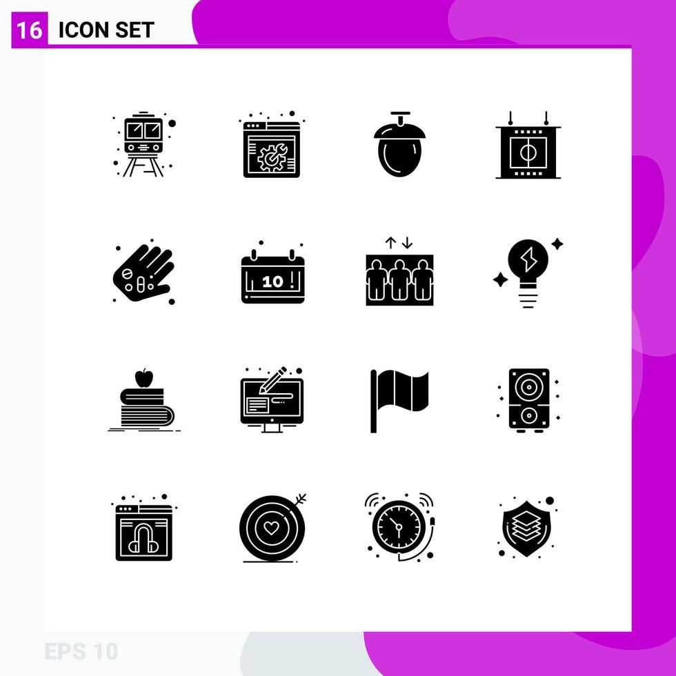 Group of 16 Solid Glyphs Signs and Symbols for autumn pharmacy nuts medicine sports Editable Vector Design Elements