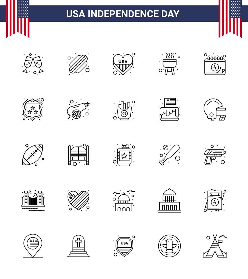 Happy Independence Day USA Pack of 25 Creative Lines of american date love calendar cook Editable USA Day Vector Design Elements