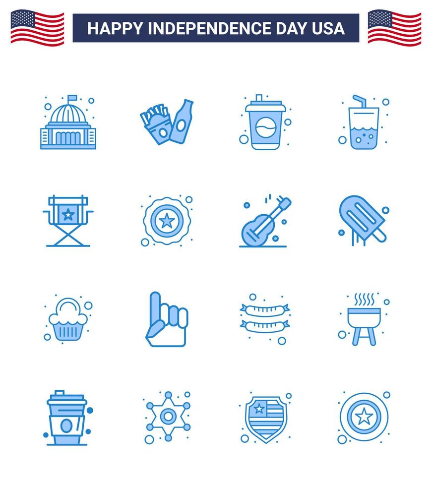 Modern Set of 16 Blues and symbols on USA Independence Day such as director cola bottle summer glass Editable USA Day Vector Design Elements