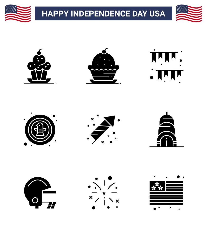 feliz día de la independencia 9 paquete de iconos de glifos sólidos para web e imprimir fuegos artificiales celebración decoración insignia celebración elementos de diseño de vector de día de estados unidos editables