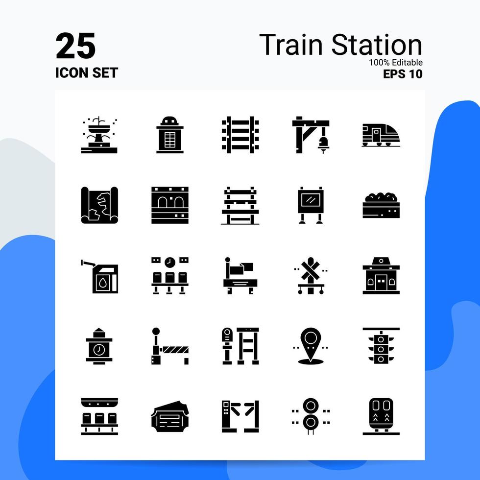 25 conjunto de iconos de estación de tren 100 archivos editables eps 10 ideas de concepto de logotipo de empresa diseño de icono de glifo sólido vector