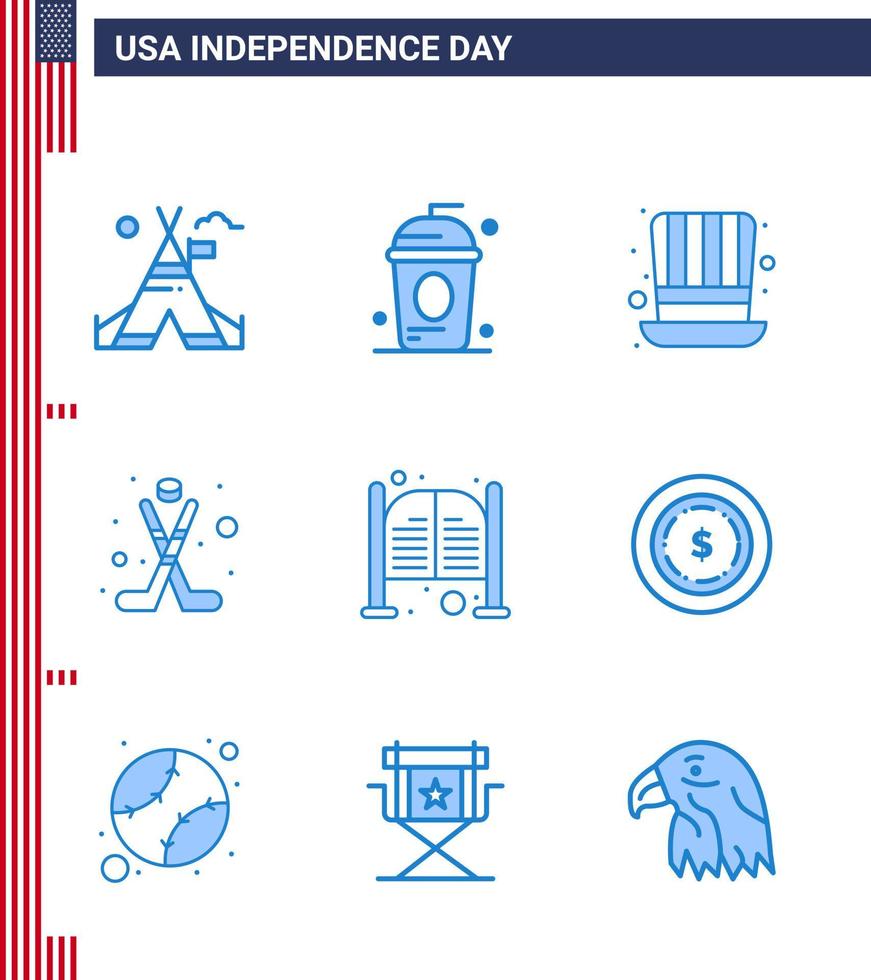 Set of 9 Vector Blues on 4th July USA Independence Day such as bar ice independece hokey usa Editable USA Day Vector Design Elements